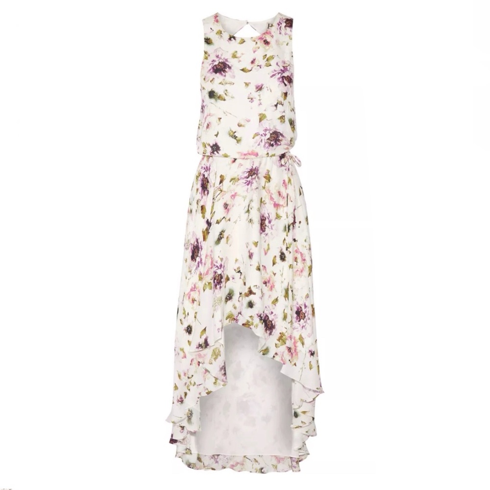 HAUTE HIPPIE SILK FLORAL PRINT SLEEVELESS DRAPED OPEN BACK HIGH LOW DRESS - Picture 11 of 11